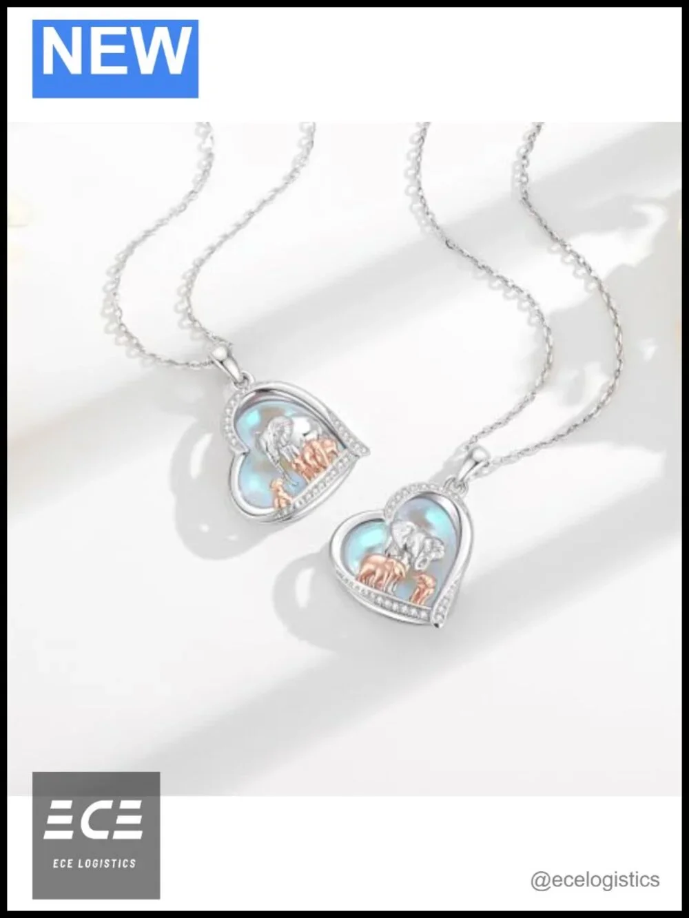 Moonstone Elephant Mom Heart Pendant Necklace Rhodium Plated Copper